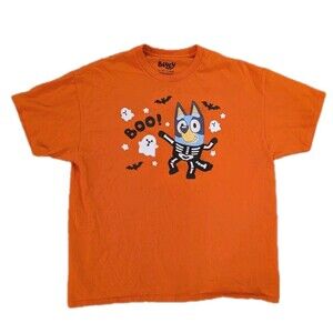Bluey Halloween Boo! Skeleton T-Shirt Men’s XL Orange Ghosts Bats Graphic Tee